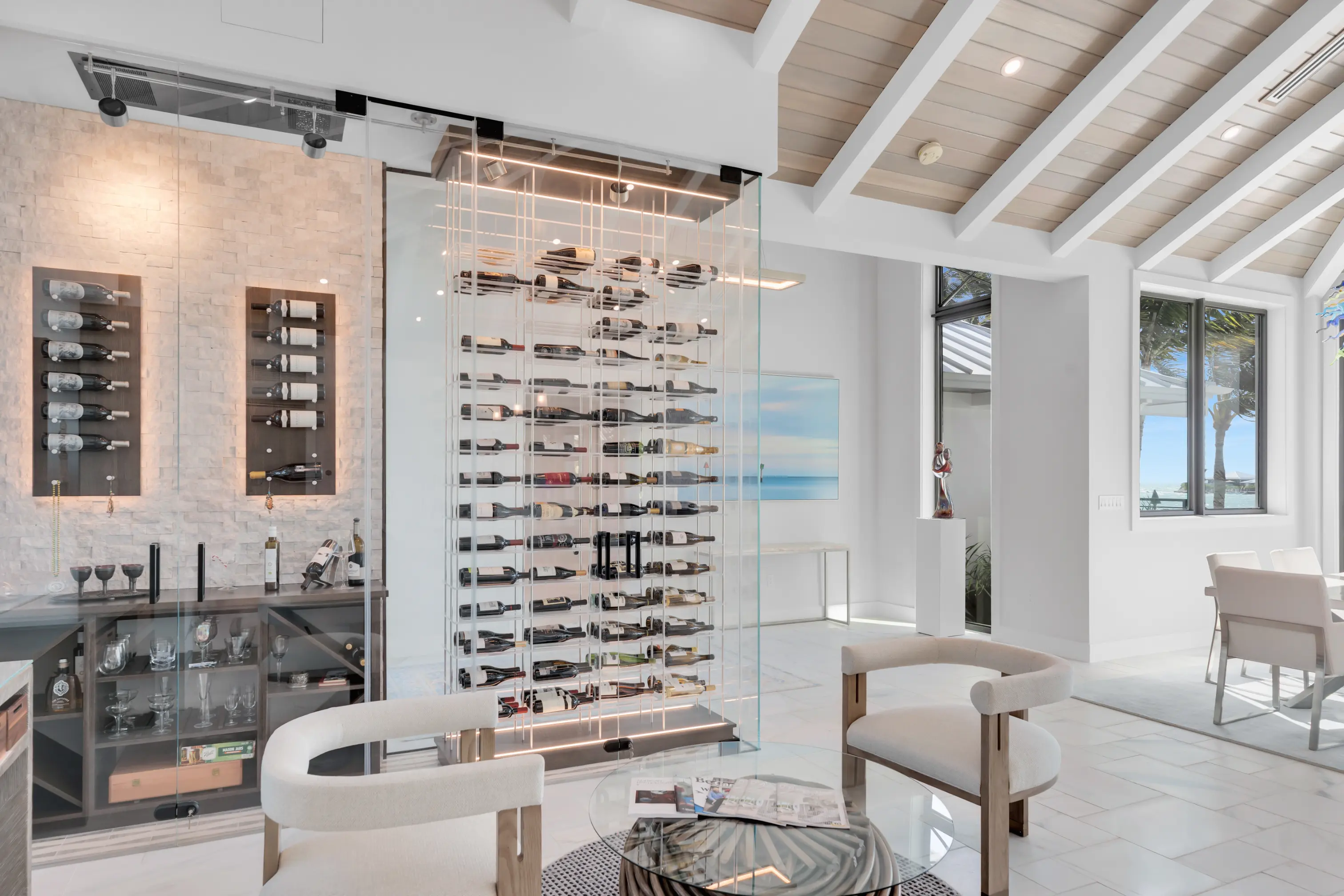 Glass-enclosed temperature controlled wine wall